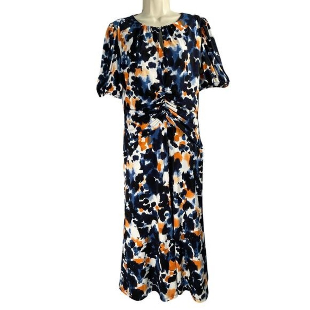 Maggy London 12 Abstract Print Short Sleeve Midi Dress Blue Orange White Keyhole